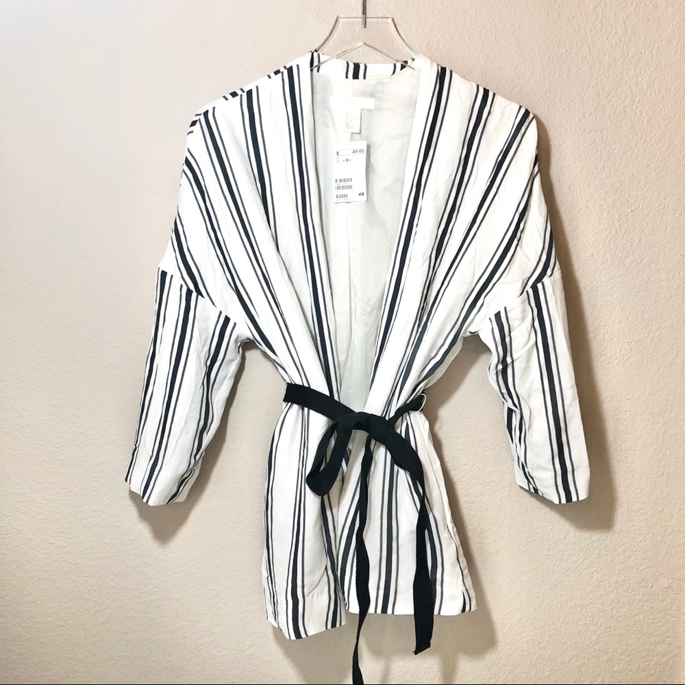 H&M Striped 3/4 Sleeve Tie Waist Blazer